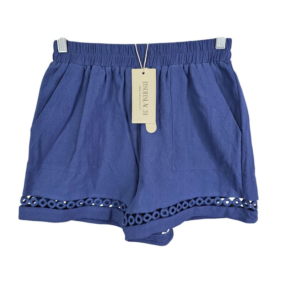 Womens Bsubseach Navy Blue Cotton Shorts Eyelet Hem Elastic Waist 4" Inseam S